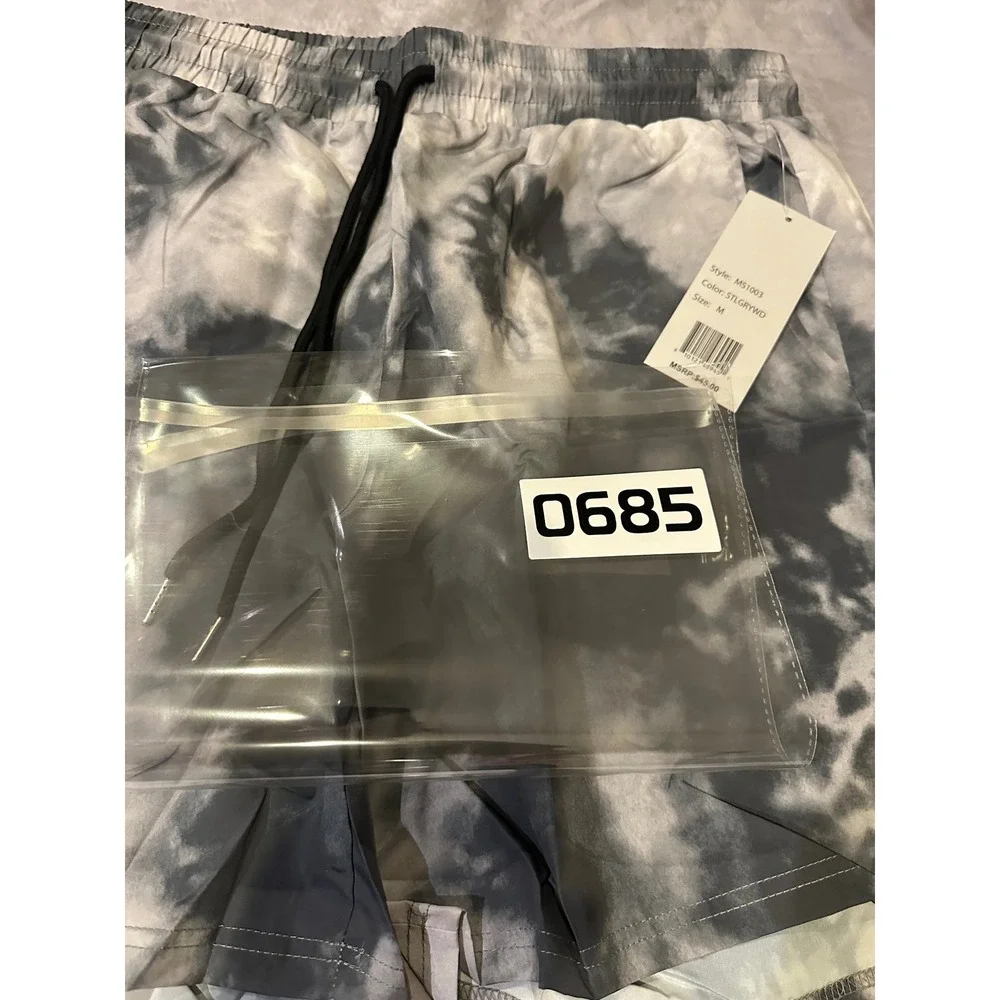 Centro Mens Tie Dye Swim Trunks Grey White MS1003 Mesh Lined Shorts Medium